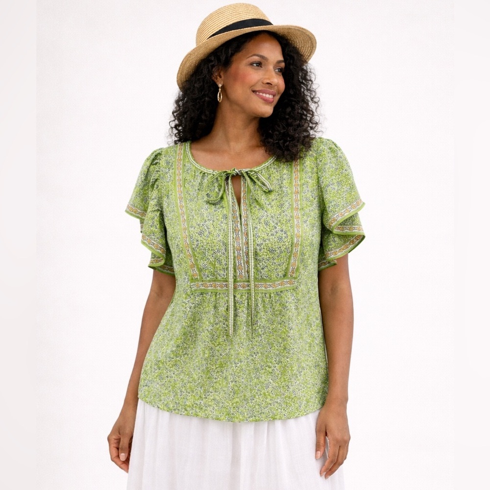 Max Studio Boho Floral Blouse M Green Blue Tie Neck Tulip Sleeve Top